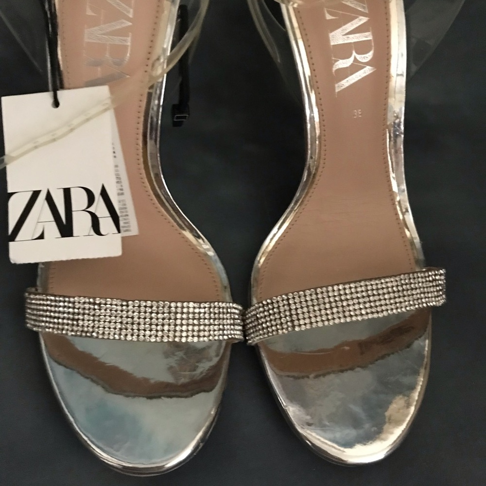 Zara Metallic Silver and Crystal Heeled Sandals - Picture 4 of 12